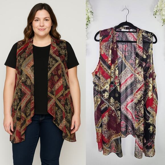 Susan Graver Sleeveless Open Front Sheer Vest Gold Baroque Drape Front Plus 2XL - Picture 1 of 13